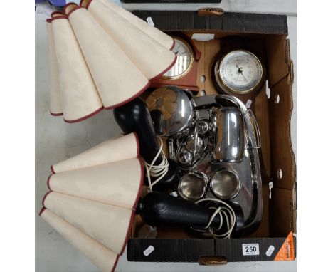 A mixed collection of items to include an oak barometer, Kilk mantle clock, metalware items, etc. £10.00 - £20.00