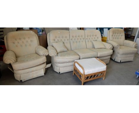 Gold on light green embroidered 3 piece suite including armchair recliner and footstool (4)
