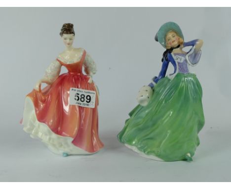 Royal Doulton lady figures The Fair Lady HN2835 (marked as reject) and Autumn Breezes HN1913 (blue and green colourway) (2)