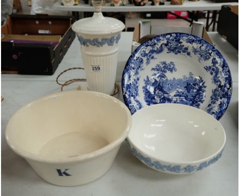 Wedgwood queensware lamp, footed bowl together with Minton wash basin and large Minton blue and white bowl (4)