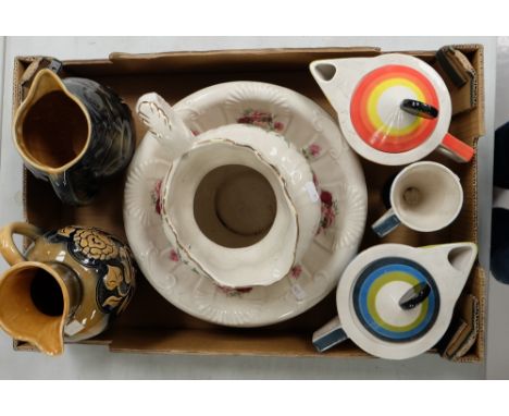 Art deco inspired teapot and mug, large jug and basin and 2 Staffordshire ironstone jugs (6)