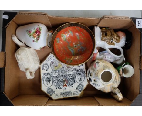 A mixed collection of items to include Norfolk pottery lustre bowl, Victorian commemorative plate, toby jugs, Carlton ware no