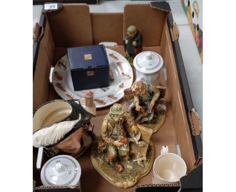 A mixed collection of items to include Royal Doulton character jug Aramis D6441, Plaster figures, James Saddler boxed commemo