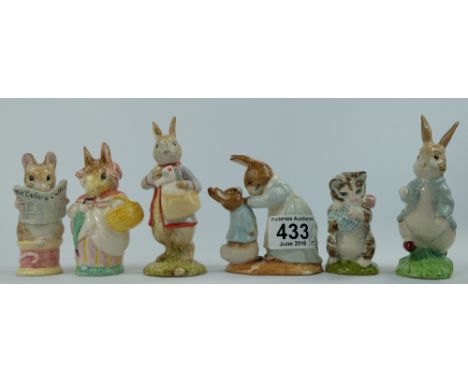 Beswick Beatrix Potter figures Mrs Rabbit and Peter, Miss Moppet, Peter Rabbit, Peter with Postbag all BP10b and Mrs Rabbit a
