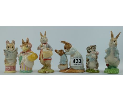 Beswick Beatrix Potter figures Mrs Rabbit and Peter, Miss Moppet, Peter Rabbit, Peter with Postbag all BP10b and Mrs Rabbit a