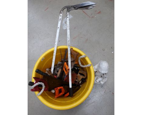 A collection of Garden and hand tools together with large gorilla tub 