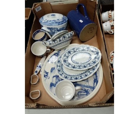 A collection of blue and white ceramic items including Delft serving platter, Spode italian casserole dish etc (13)