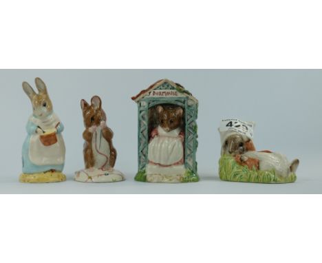 Royal Albert Beatrix Potter figures Mrs Rabbit Cooking, Benjamin Wakes Up, Miss Dormouse and No More Twist all BP6 (4) (all b