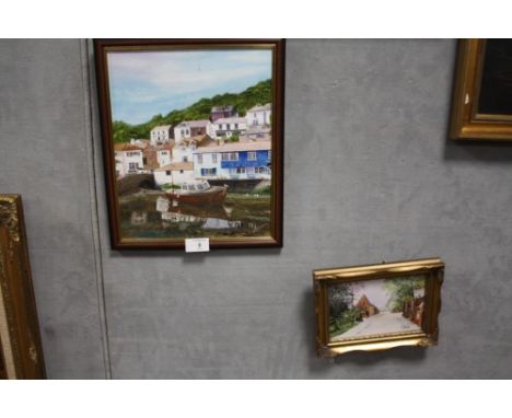 A FRAMED OIL ON BOARD DEPICTING A POLPERRO HARBOUR SCENE SIGNED R. WILKINSON, TOGETHER WITH A SMALL OIL ON CANVAS (2) 