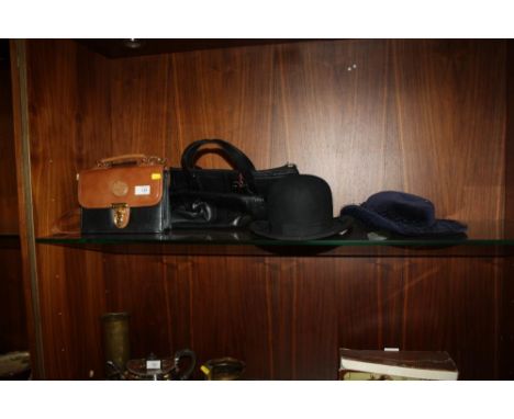 A LADIES RADLEY HANDBAG TOGETHER WITH A CHILTERN EXAMPLE, BOWLER HAT PLUS ANOTHER (4)