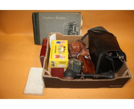 A BOX OF COLLECTABLES TO INCLUDE A BLOW HORN, PELHAM PUPPET ETC