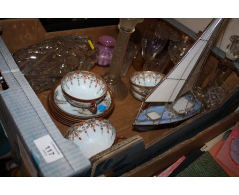 A TRAY OF GLASSWARE TO INCLUDE A PRESSED GLASS CANDLESTICK TOGETHER WITH ORIENTAL CUP AND SAUCERS