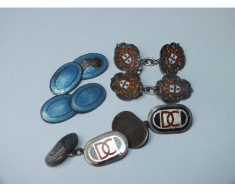 THREE PAIRS OF VINTAGE SILVER &amp; ENAMEL CUFFLINKS 