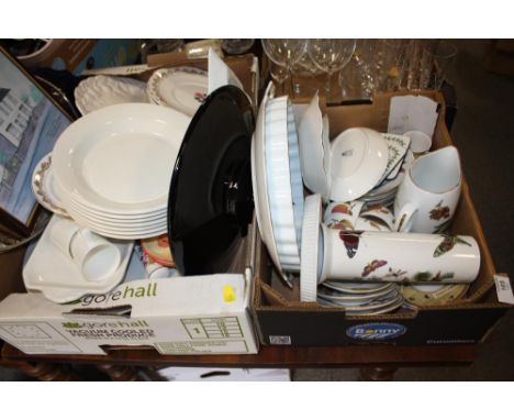 A TRAY OF ROYAL WORCESTER EVESHAM, PORTMEIRION AND AYNSLEY CERAMICS TOGETHER WITH ANOTHER TRAY OF CERAMICS