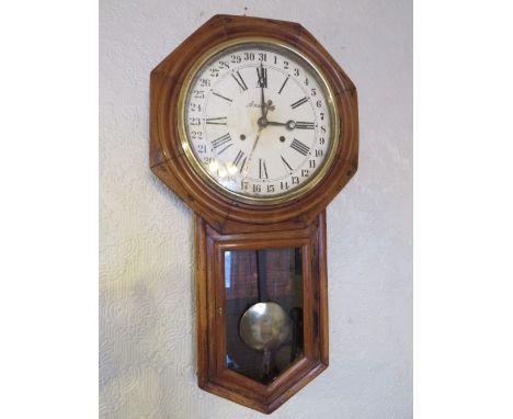 ANSONIA REGULATOR "A" CALENDAR DROP DIAL WALL CLOCK, the octagon headed case with mahogany front panels and pine carcas, havi
