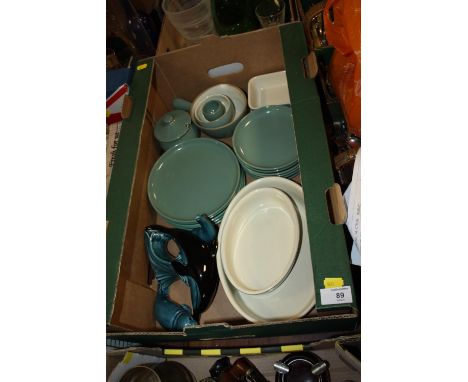 A TRAY OF DENBY DINNERWARE AND POOLE ANIMAL FIGURES 