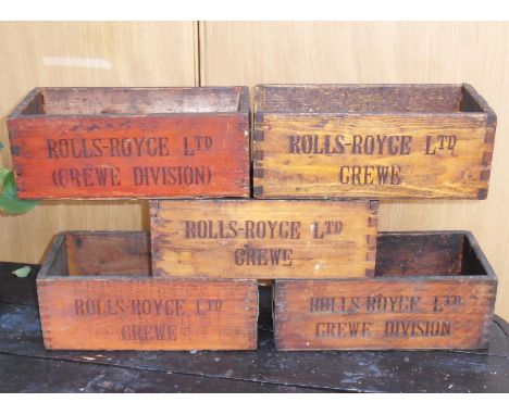 Rolls-Royce factory tool and gauge stores boxes, five pine combtailed construction boxes that were installed in the Crewe fac