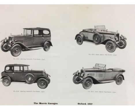 An Edwardian Morris car promotional illustration, featuring four pre-war MG vehicles, in an oak frame, 23 x 33cm