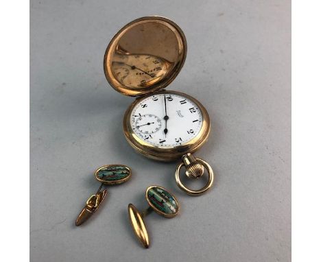 GROUP OF WATCHES AND CUFF LINKS, including a gold plated full hunter pocket watch and a Fossil wrist watch