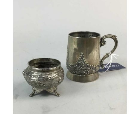 SILVER CHRISTENING MUG, along with a group of other silver items including a vesta case, two rings and a bangle