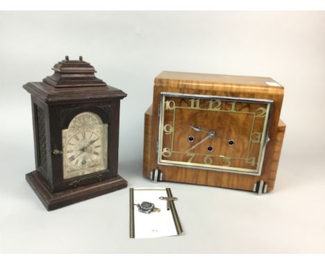 OAK CASED MANTEL CLOCK, 27cm high, along with an Art Deco mantel clock