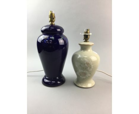 TWO DENBY CERAMIC LAMP BASES 37cm high overall, along with a Mason's fruit bowl