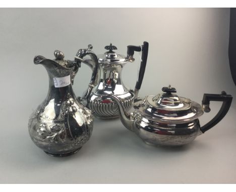 SILVER PLATED FOUR PIECE TEA SERVICE, along with plated serving trays, teapots and a plated urn on stepped base