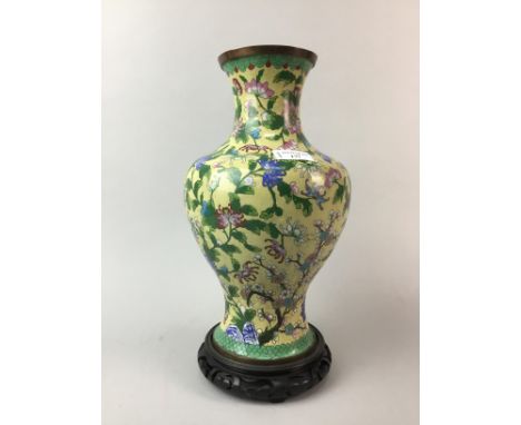 CLOISONNE ENAMEL BALUSTER VASE, on stand, 35cm high