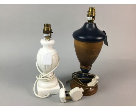 ALABASTER TABLE LAMP, of baluster form, approximately 30cm high, along with a stained wood table lamp and a stained wood stan