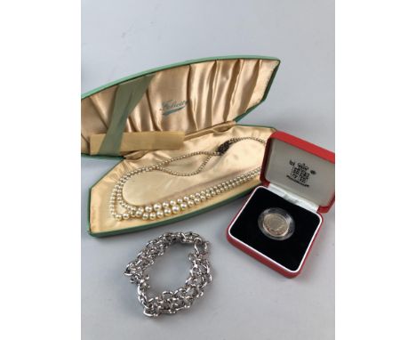 SILVER BANGLE, along with a 2000 silver proof £1 coin in box, a brooch, opal ring, gem set ring and fob watch pendants