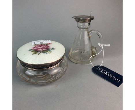GLASS WHISKY NOGGIN, approximately 10.5cm high, with silver mount along with a glass powder bowl with enamel cover (2)