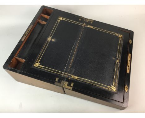 MAHOGANY WRITING SLOPE AND A TEA CADDY, the writing slope brass bound, 39cm long, the caddy of sarcophagus form, 35cm wide
