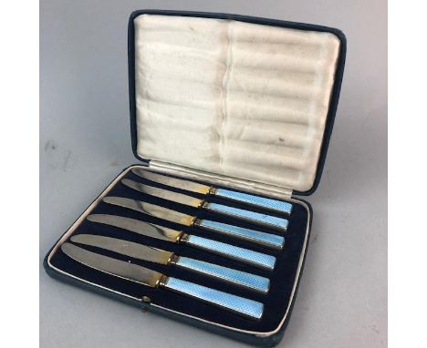 SET OF SIX AFTERNOON TEA KNIVES, with blue enamel handles, in case