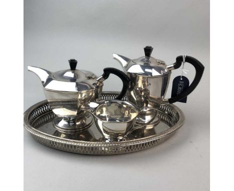 FOUR PIECE SILVER PLATED TEA AND COFFEE SERVICE, comprising tea pot, coffee pot, cream and sugar, along with a plated cream a
