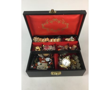 COLLECTION OF COSTUME JEWELLERY, including a purple gem and seed pearl set brooch pendant, brooches and bangles contained in 