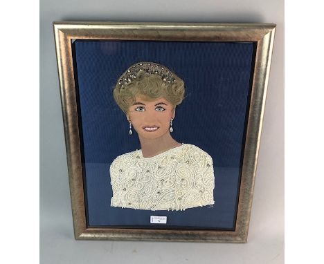 PORTRAIT OF PRINCESS DIANA IN APPLIQUE, framed and under glass, embroidered with initials JJ, 46X35cm