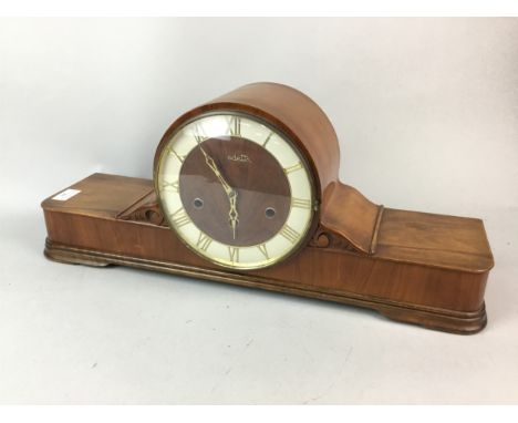 MAHOGANY VEDETTE MANTEL CLOCK, 56cm long