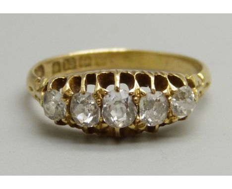 An Edward VII 18ct gold, five stone diamond ring, Birmingham 1905, 2.9g, O 