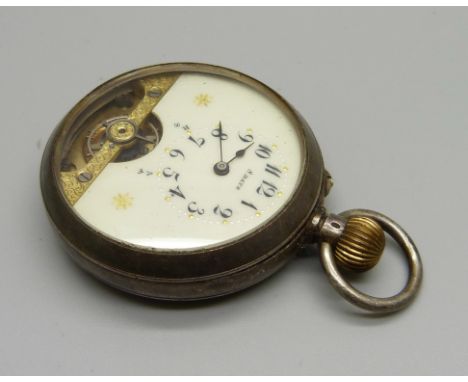 A silver cased Hebdomas 8-days pocket watch, with London import mark for 1909, bezel/glass loose 