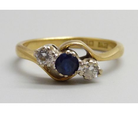 An 18ct gold, sapphire and diamond ring, 3g, K 