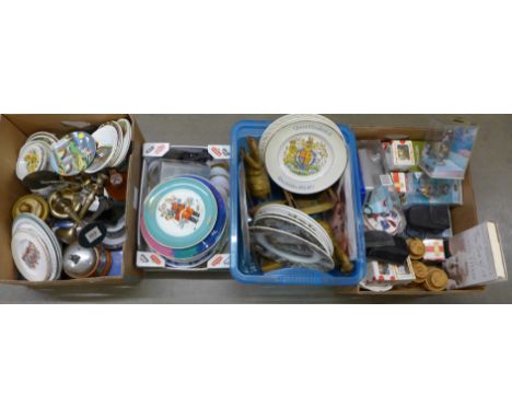 Four boxes of assorted items including cameras, Portmeirion small storage jars, a Marilyn Monroe calendar, collectors plates,