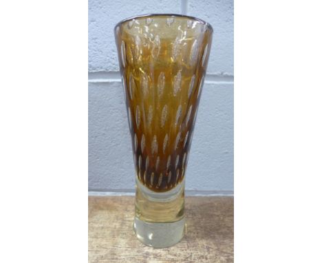 A large vintage Czech Harrochov amber cased glass vase with encased bubbles, designed by Milan Metelak, 28cm 