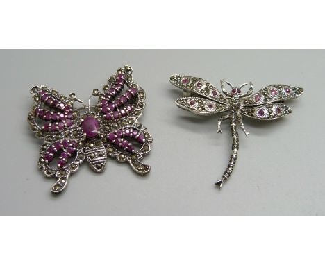 Two silver, ruby and marcasite brooches, butterfly and dragonfly 