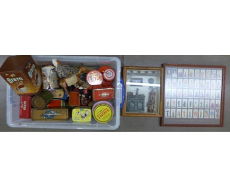 Forty-two vintage tins, a framed set of cigarette cards, a 3D golf picture and toys **PLEASE NOTE THIS LOT IS NOT ELIGIBLE FO