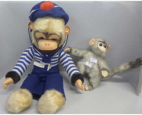 A vintage GDR sailor monkey and a Japanese Kamar plush toy monkey 