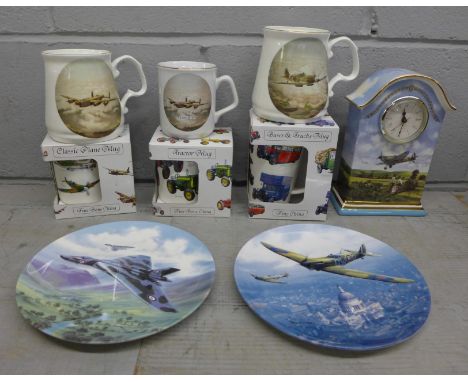 A military plane collection of items, two plates, four mugs, other items including bus and truck related, an Heirloom porcela