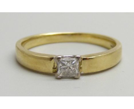 A 9ct gold, princess cut diamond solitaire ring, 0.33ct diamond weight, with certificate, 3.2g, O 