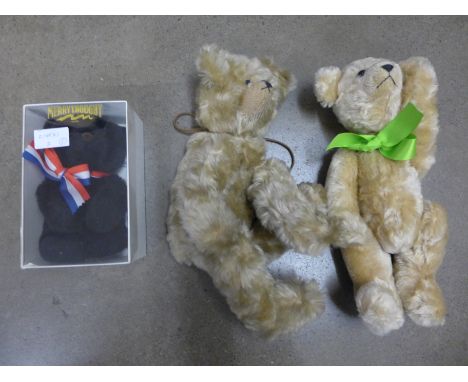 A Merrythought 9/11 bear, boxed, a vintage Mohair Teddy bear bag and one other 