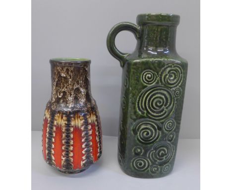 A 1970's Scheurich West German pottery Jura vase in green, 28cm and a Jasba German vase in red and brown, 21cm 