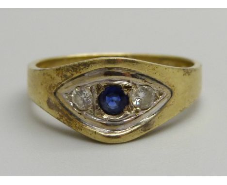 A 14ct gold, diamond and sapphire set ring, 3.6g, P 